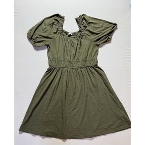 JCrew Womens Green Fit Flare Dress L Short Knit Cotton Square Neck Puff Sleeve